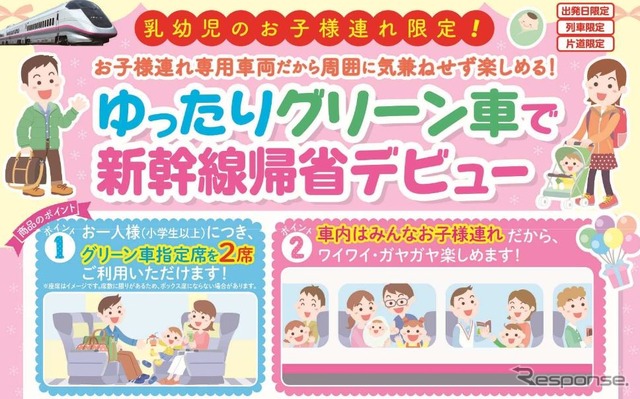 父母2席のほかに子供が2席を使える子連れ専用のグリーン車。親子3人の場合は4席まで使える。