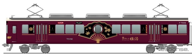 『京とれいん 雅洛』は6両編成で、1号車は秋のイメージとして楓、2号車は冬のイメージとして竹、3号車は春のイメージとして桜、4号車は夏のイメージとして葵、5号車は初秋のイメージとして芒(すすき)、6号車は早春のイメージとして梅がそれぞれデザインされる。これは楓をイメージした1号車のデザインで、車体中央には京扇が描かれる。