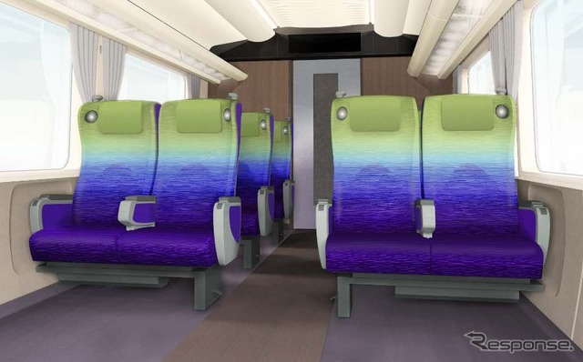グリーン車のイメージ。座席配置は2+2で、モケットは沿線の新緑や夕暮れの紫の空をグラデーション状にデザイン。落ち着いた内装とするため、内壁は濃い茶色の木目となっている。