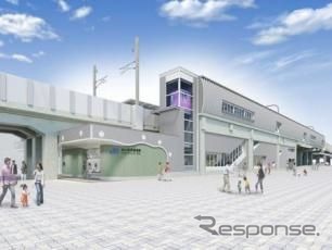 梅小路公園や京都駅西部エリア観光の玄関駅として「京都の町並みの『縦格子・縦縞』、京友禅の反物の『縦長矩形』を想起させる形態」とする梅小路京都西駅の駅舎イメージ。