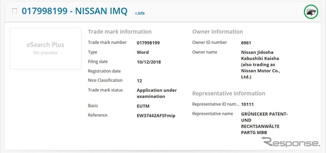 日産が欧州で「IMQ」を商標登録したことを示すEUIPO（欧州連合の知的財産庁）の公式サイト