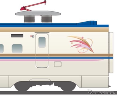 限定デザイン車に施される「朱鷺色」のラインとシンボルマークのイメージ。シンボルマークは、稲穂と躍動的な朱鷺の羽をイメージしており、「芳醇な上越の地を走る新幹線のスピード感を黄金色と朱鷺色のグラデーション」で表現するという。