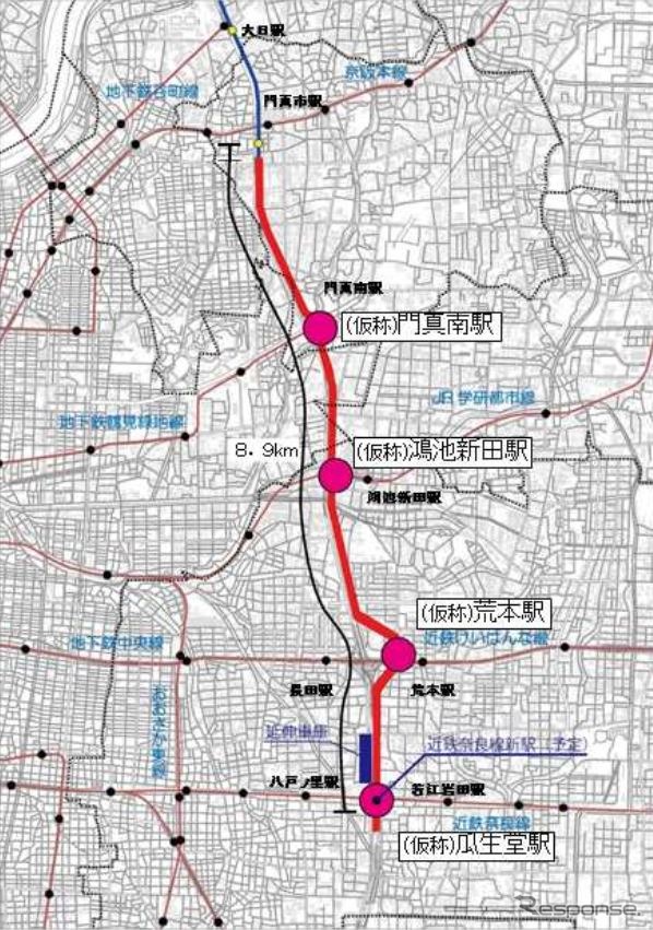 大阪モノレール延伸区間のルート。大阪市高速電気軌道中央線・鶴見緑地線、JR学研都市線、近鉄けいはんな線、近鉄奈良線と接続しており、東西に伸びる鉄道との連携が期待されている。