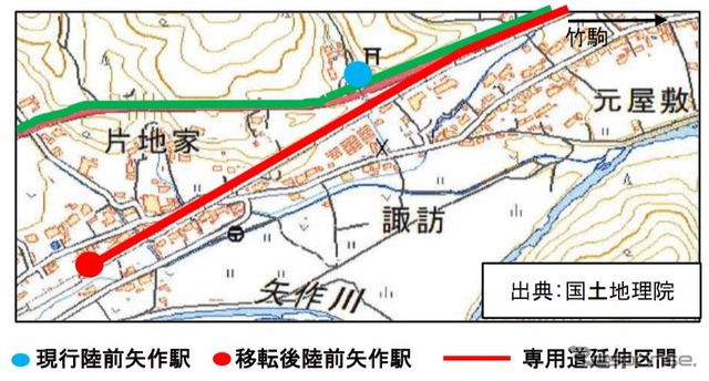 ほぼ鉄道時代の駅に移転する陸前矢作駅の位置。