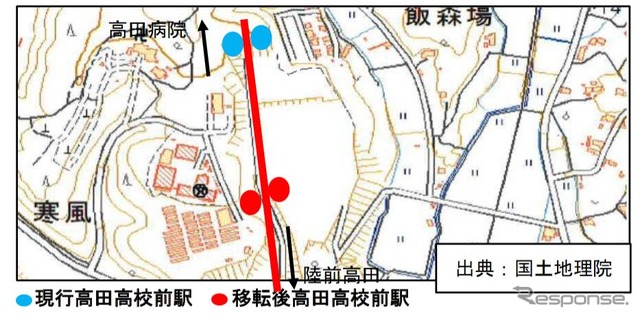 高台への市道が完成したことにより、移転する高田高校前駅の位置。