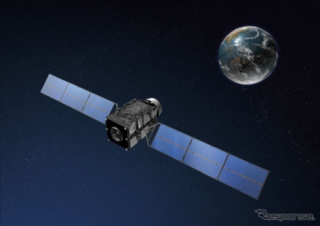 日本上空の宇宙空間に滞在し、国内での位置情報の測位を向上させる日本の準天頂衛星システム初号機『みちびき』のイメージ。