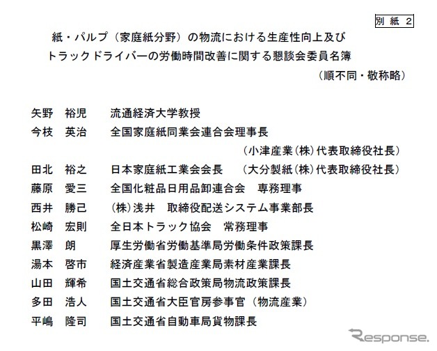 紙・パルプ（家庭紙分野）の物流における生産性向上及びトラックドライバーの労働時間改善に関する懇談会のメンバー