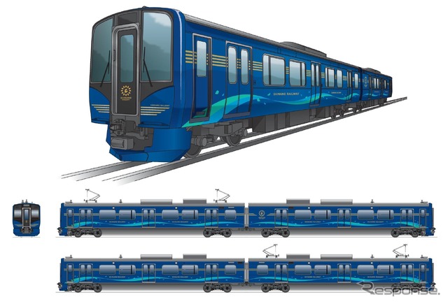 有料ライナー用のSR1系は「沿線に爽やかな新風を」をコンセプトに、車体色をロイヤルブルーと115系のDNAを承継したというシャンパンゴールドの組合せに。側面の緑と水色のラインは山並と清流を表現したもの。