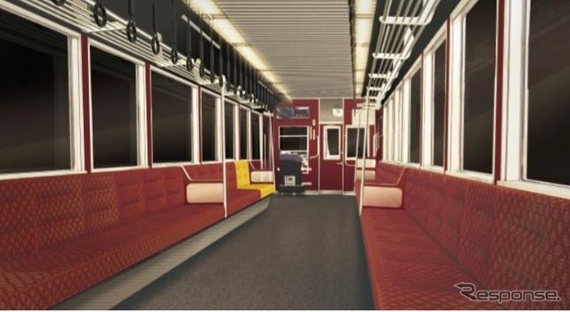 リニューアルされるデオ720形722号の車内イメージ。窓ガラスを熱線吸収式とすることで冷房効果を向上させるほか、八瀬比叡山口寄りのドア付近には車椅子・ベビーカースペースを1ヶ所設置。スタンションポールは6ヶ所増設され、優先座席を黄色化してわかりやすくする。
