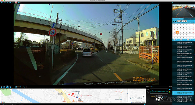 記録したデータに対応した専用のPCソフト「KENWOOD ROUTE WATCHER II」。各種データと同時にリアカメラの映像も右上のサブモニターに表示される