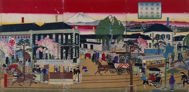 錦絵 東京名所京橋鉄道馬車往復煉瓦家ノ図(1882・日)