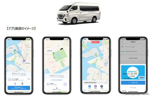 日産キャラバンマイクロバスとアプリ画面イメージ