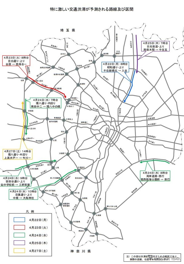 特に激しい交通渋滞が予測される路線及び区間