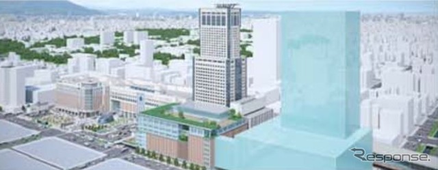 札幌駅新幹線口開発のイメージ。現在のJRタワーに隣接する形で新タワービルが建てられ、JRタワーのリニューアルや札幌駅の「エキナカ」開発なども行なわれる。