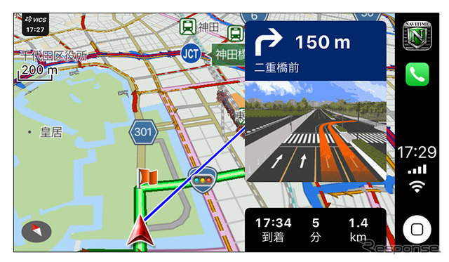 カーナビタイムのApple CarPlay対応イメージ（交差点案内）