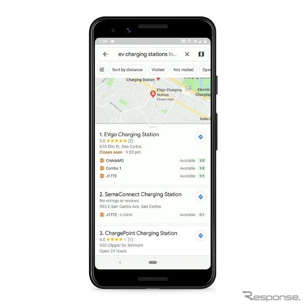 グーグルマップが電動車向けに最寄りの充電ステーションの空き情報を表示