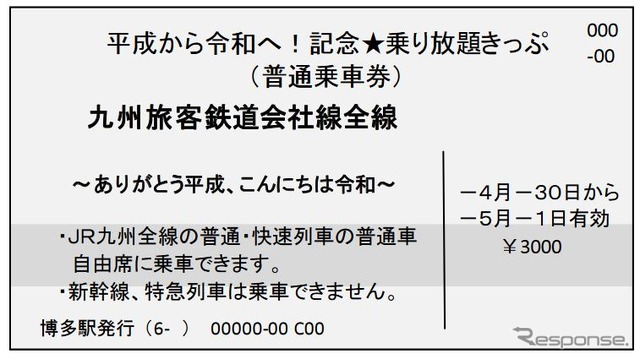 「平成から令和へ！記念★乗り放題きっぷ」のイメージ。「青春18きっぷ」同様、在来線特急や新幹線は利用できない。