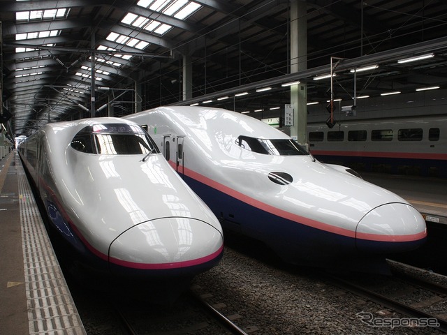 上越新幹線のE4系(右)とE2系(左)。