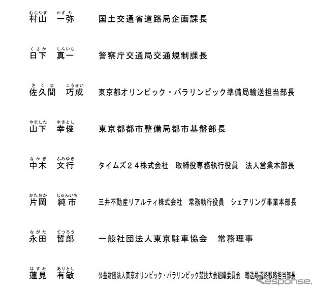 東京2020 オリンピック・パラリンピック競技大会に関する駐車場対策協議会のメンバー