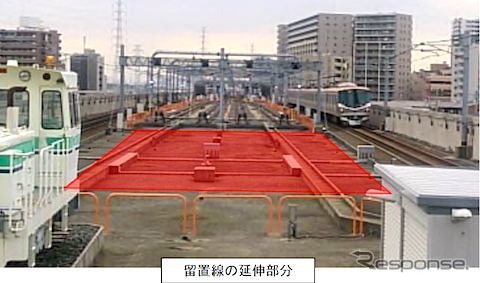 8両編成化に必要な車両留置線延伸工事の様子。TX総合基地と八潮駅の留置線を約120mから約160mとする。写真は八潮駅の留置線延伸部分。