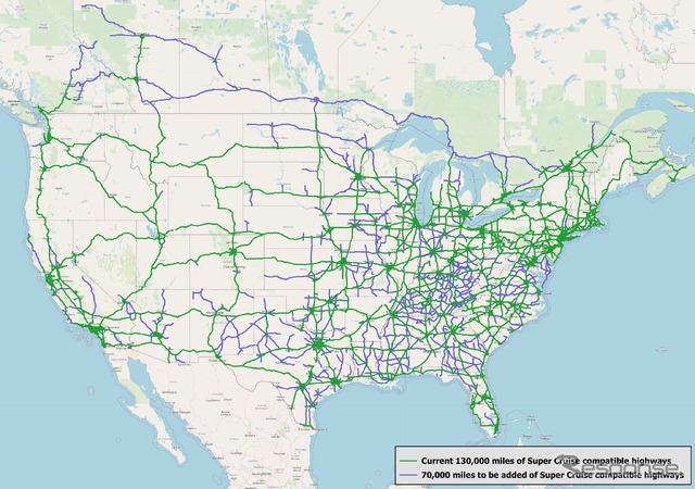 ハンズフリーの部分自動運転が可能なキャデラックのスーパークルーズの米国とカナダの対応高速道路マップ