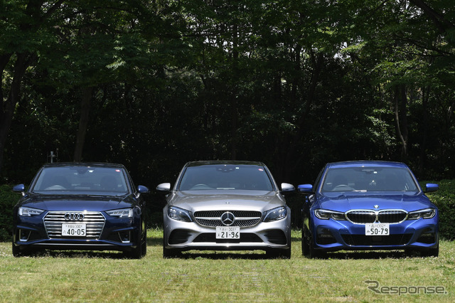 BMW 330i M Sport、Mercedes-Benz C 200 AVANTGARDE、Audi A4 45 TFSI quattro sport(右から)