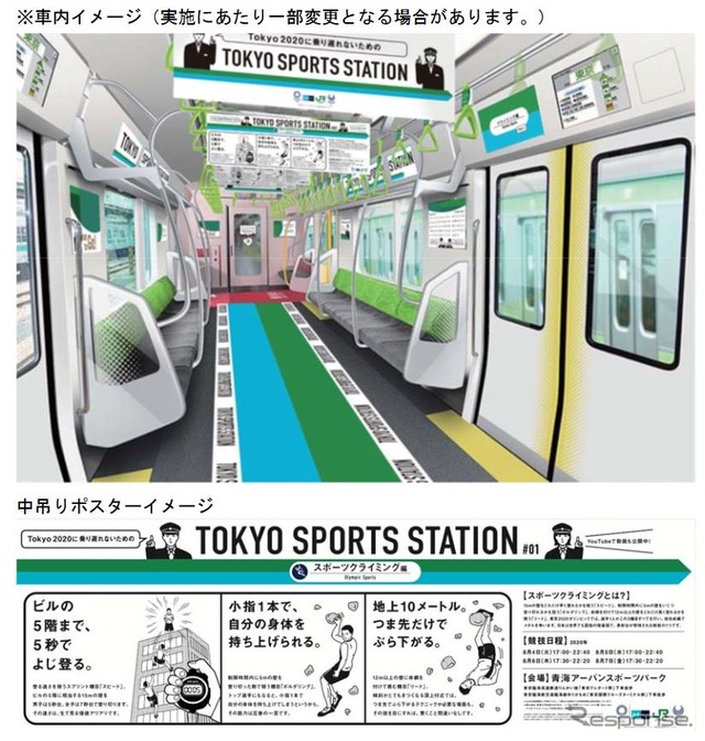 山手線の1編成で運行を始めるADトレインの車内イメージ。東京2020大会の33競技の見どころや観戦ポイント、競技日程や会場情報を掲載した中吊りポスターが掲げられるほか、車内のデジタルサイネージや床面、吊り革も東京2020大会のPRに活用される。