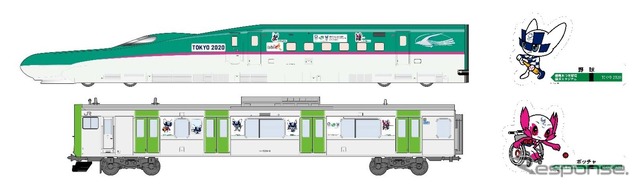 東京2020大会マスコットのうち、3月に公表された競技ポーズ 72 種類 を活用するラッピングトレインのイメージ。
