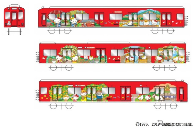 養老鉄道のハローキティラッピング電車のイメージ。桑名市の多度大社など、沿線の観光スポットもモチーフとなっている。