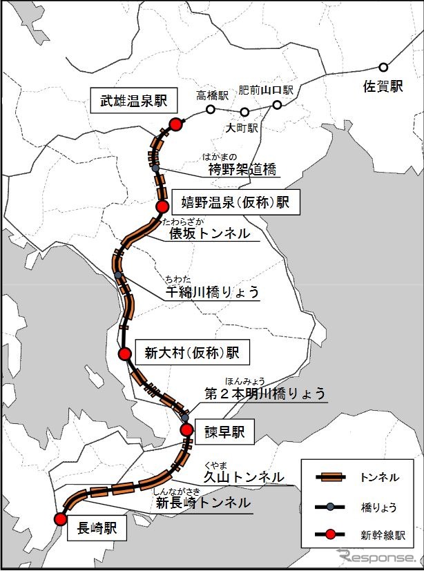 九州新幹線西九州ルート（いわゆる長崎新幹線）のルート図。諫早～長崎間では、二股に分かれる在来線の長崎本線（細線部分）の南側を新幹線が通る。この区間には新長崎、久山の2トンネルが建設されるが、久山トンネルでは7月14日に開催予定だった貫通式が事故の影響で中止された。