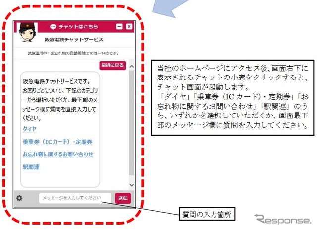 「阪急電鉄チャットサービス」の画面イメージ。ウェブサイト上の問合せページからアクセスする。