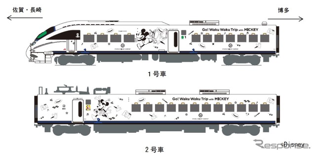 「白いかもめ」と呼ばれる885系に施されるミッキーマウスとミニーマウスのラッピングデザイン。