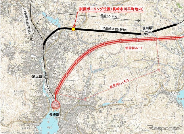 試掘ボーリングの位置。鉄道・運輸機構では、長崎市の都市計画図を基に発注用の図面を作成したが、長崎トンネルの位置については、国土地理院の地図を基にしていたという。