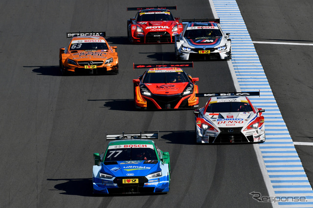 2017年のSUPER GTもてぎ戦で実施された、GT500とDTMの混走デモ(当時のDTM参戦3社はアウディ、BMW、メルセデスだった)。