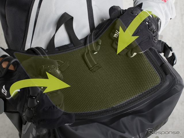 車体（リアカウル）やサポートステーと接するバッグの背面にはPEボードを内蔵し、バッグの変形を防止。