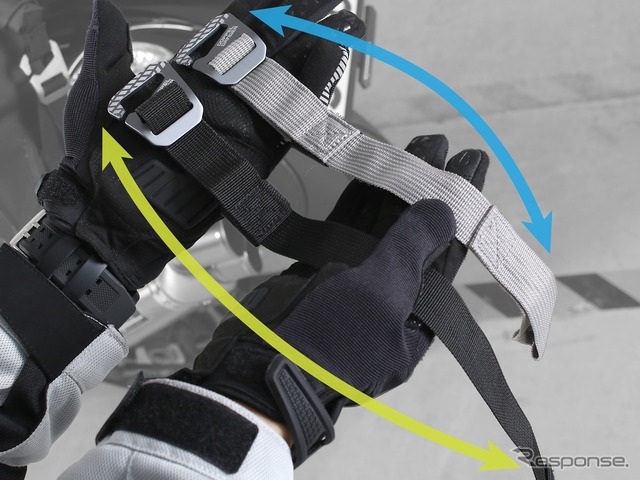 ベルトの長さを色で見分けられる、バッグを前後方向に接続するための専用固定ベルト。