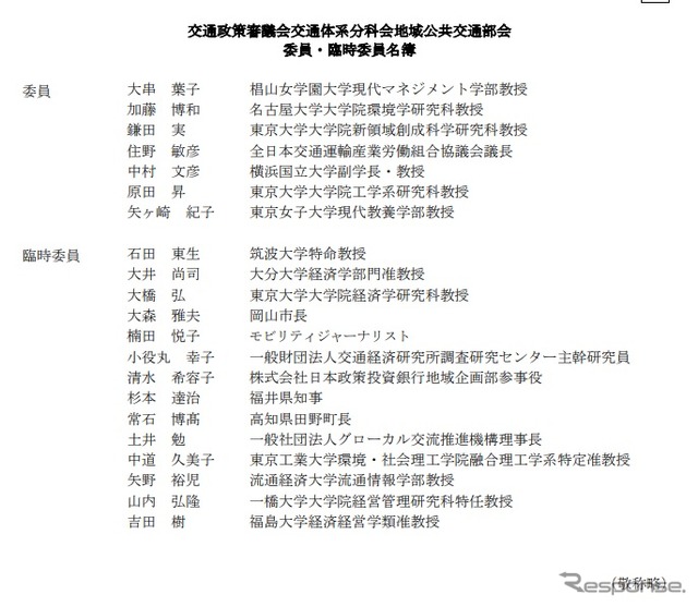 交通政策審議会交通体系分科会第・地域公共交通部会のメンバー