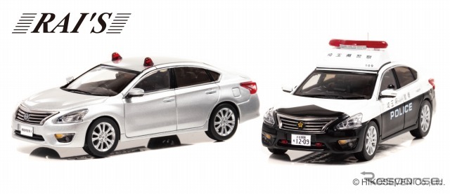 左から、日産 ティアナ XE(L33)2016 警察本部刑事部機動捜査隊車両(2灯仕様 銀)、日産 ティアナ(L33)2018 埼玉県警察地域部自動車警ら隊車両(109)