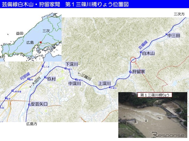 芸備線白木山・狩留家間 第1三篠川橋梁位置