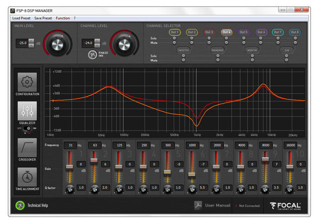 サウンドチューニングソフトの設定画面の1例（フォーカル・FSP-8）。