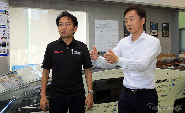 工学院大学 工学部 濱根洋人教授と、初代ボートレースアンバサダー植木通彦 BA(工学院大学 ソーラーカーチーム壮行会/2019年9月11日)