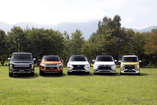 三菱のSUVラインアップ。左からデリカD:5、RVR、エクリプス クロス、アウトランダーPHEV、eK X(クロス)