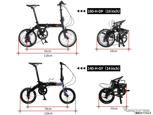 14インチと16インチの折りたたみ自転車、サイズ比較図