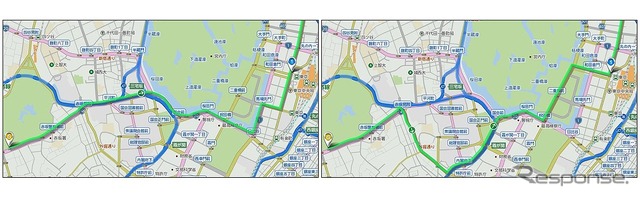 左：普通自動車の設定でのルート検索結果　右：自動二輪車を考慮したルート検索結果（管理者画面・ブラウザ）