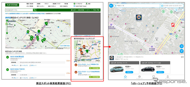 周辺スポット検索結果画面（PC）/dカーシェア予約画面