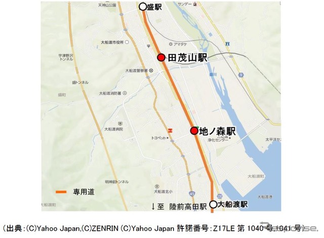 大船渡線BRT地ノ森駅と田茂山駅の位置。地ノ森駅の所在地は上り線が岩手県大船渡市大船渡町字新田17-5他、下り線が岩手県大船渡市大船渡町字地ノ森4-5他。田茂山駅の所在地は上り線が岩手県大船渡市盛町字内ノ目61-5他、下り線が岩手県大船渡市盛町字内ノ目44-2他。どちらも専用道上に位置する。