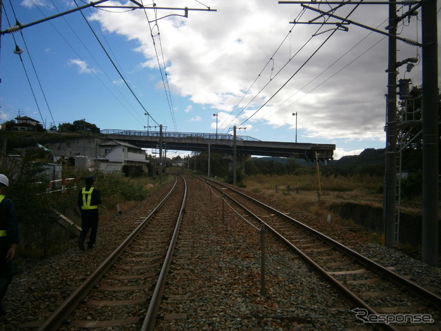 しなの鉄道線大屋～田中間でオーパークロスする海野バイパスの橋梁流出現場。