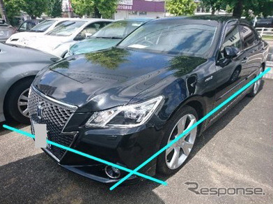 過去の水害車買取事例:2013年式クラウンハイブリッド。青いラインまで水没。修理見積もり150万円以上、タウ買取金額110万円