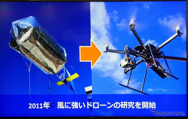 バルーンは風に簡単に流されるため、風に強いドローンの開発が欠かせないと開発をスタートさせた