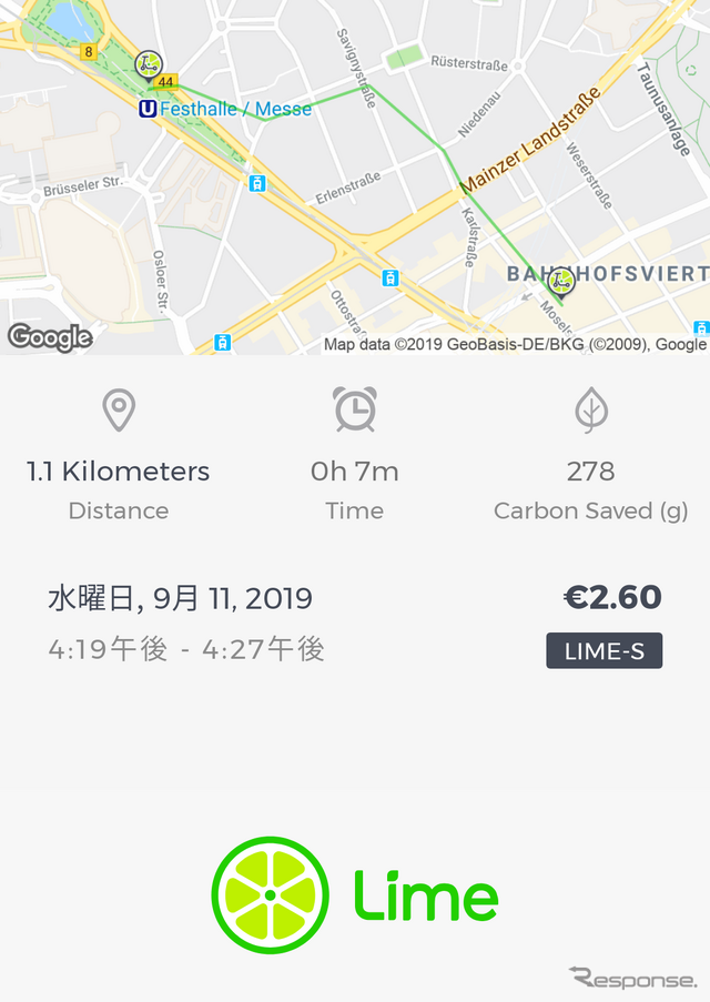 電動キックボードシェアリングLimeの乗車レシート